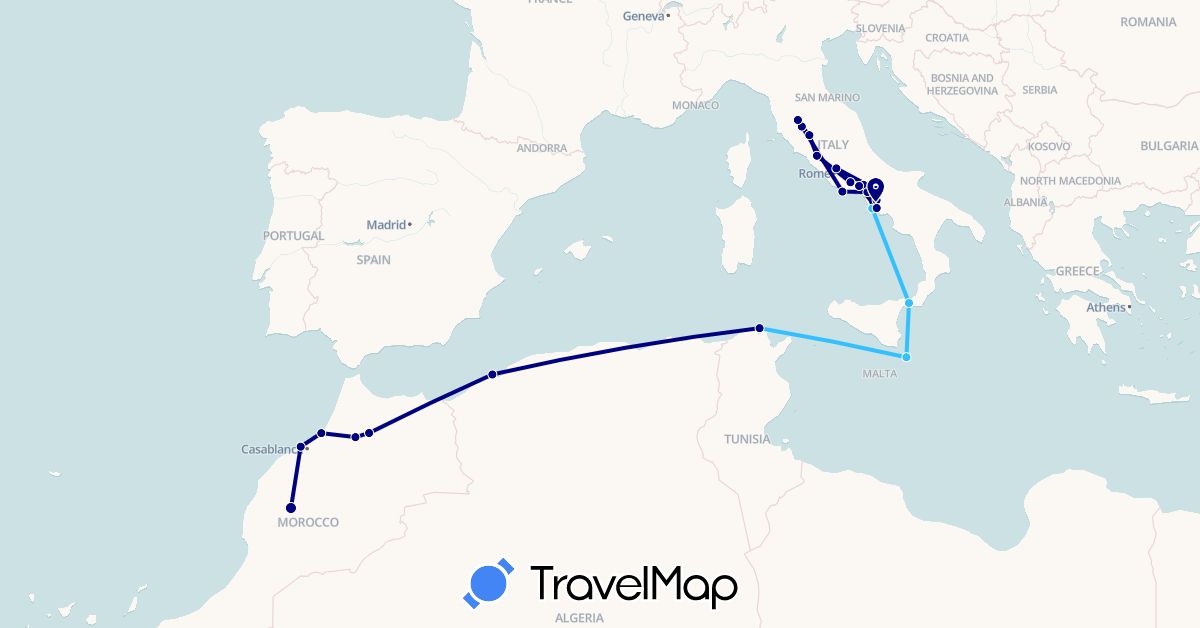 TravelMap itinerary: driving, boat in Algeria, Italy, Morocco, Tunisia (Africa, Europe)