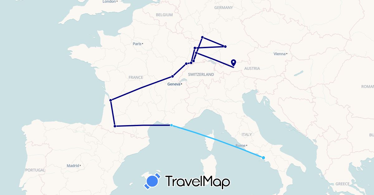 TravelMap itinerary: driving, boat in Austria, Germany, France, Italy (Europe)